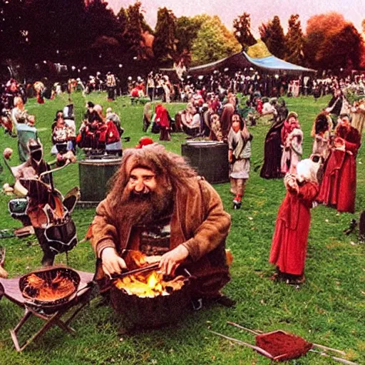 Image similar to a beatiful dwarven festival in 1994 in a fertile green park with surreal elven nature, a gnome rock band concert and dwarven BBQ