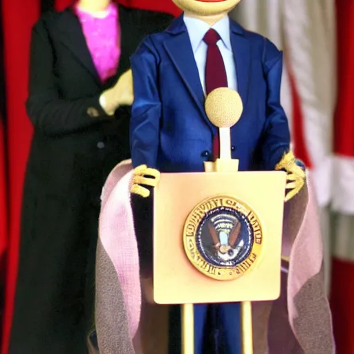 Image similar to president marionette with puppeteer in a podium giving a press conference