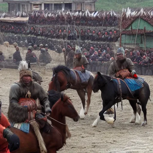 Prompt: a russian town getting pillaged by mongols on horses