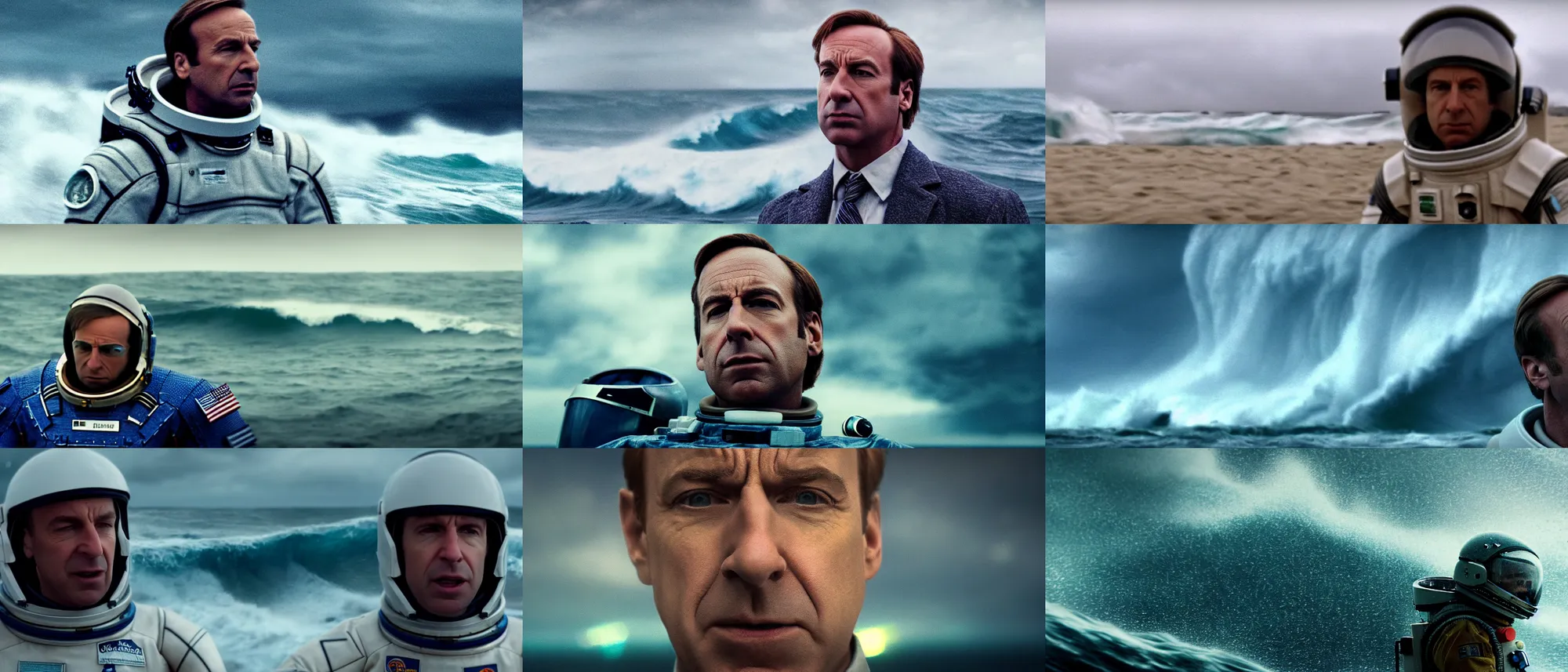 Prompt: on ocean , bokeh !!cinematic close up shot of saul goodman wearing the spacesuit in scene from the movie interstellar ,shady dull weather, panorama,natural dull colours, anamorphic, epic cinematic, DOF,exteremely giant ocean wave in background