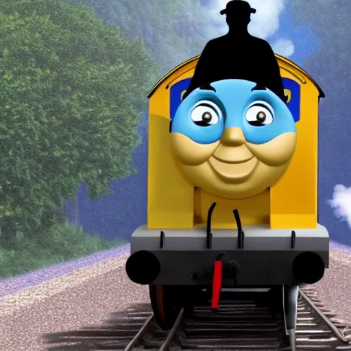 Prompt: Thomas the tank engine walks down the street with his human arms and human legs