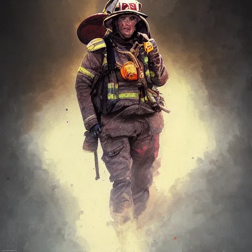 Prompt: portrait of a hero firefighter, bruised, covered in dirt, confident and proud, dramatic, intricate, headshot, highly detailed, digital painting, artstation, concept art, sharp focus, cinematic lighting, illustration, art by artgerm and greg rutkowski, alphonse mucha, cgsociety