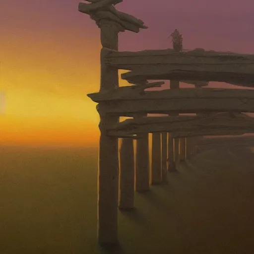 Prompt: A beautiful painting of A Torii over a plain,sunset,dim by Zdzisław Beksiński and Ilya Repin,In style of Post-Apocalyptic.digital art, illustration,hyper detailed,smooth, sharp focus,trending on artstation,oil on the canvas,4k