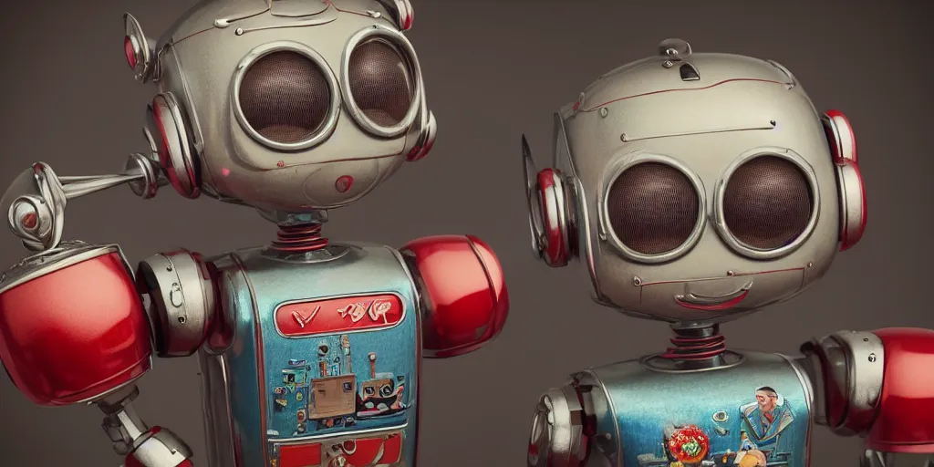 Prompt: closeup portrait of tin toy retro robot living room, depth of field, zeiss lens, detailed, centered, fashion photoshoot, by nicoletta ceccoli, mark ryden, lostfish, breathtaking, 8 k resolution, extremely detailed, beautiful, establishing shot, artistic, hyperrealistic, octane render, - h 8 0 4