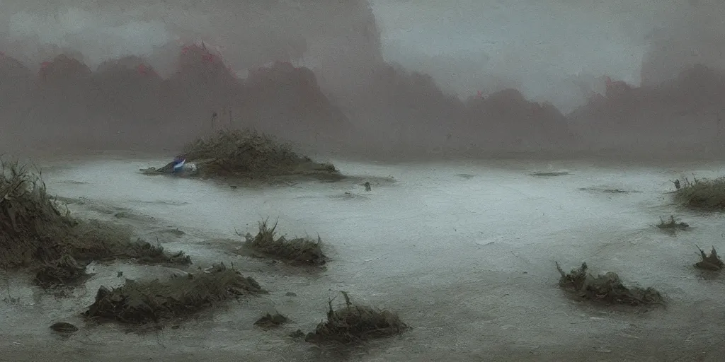 Prompt: river, gloomy, beksinski, artstation, greg rutkowski, denis sarazhin, james gurney