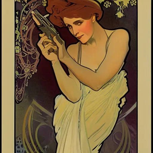 Image similar to female spy, painted by alphonse mucha