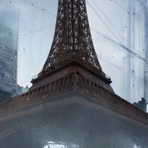 Image similar to A beautiful intricate 8K award-winning cinematic movie photograph of the future Eiffel Tower, destroyed and decaying, hidden by billboards. in the year 2043, by Bruno Delbonnel and greg rutkowski. Arri Alexa 65, IMAX 70mm footage