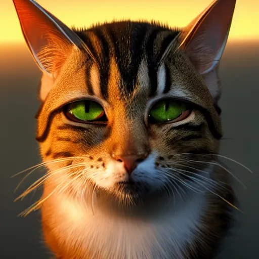 Prompt: tabby cat with goku hairstyle, golden hour, fantasy, sharp focus, digital art, hyper realistic, 4 k, unreal engine, highly detailed, hd, dramatic lighting by brom, trending on artstation