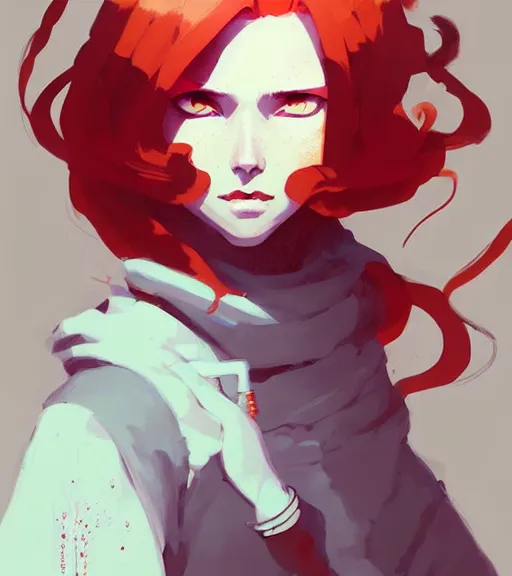 Image similar to portrait of a female mage, red hair, by atey ghailan, by greg rutkowski, by greg tocchini, by james gilleard, by joe fenton, by kaethe butcher, dynamic lighting, gradient light blue, brown, blonde cream and white color scheme, grunge aesthetic