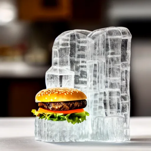 Image similar to a clear ice sculpture of a burger made entirely of ice, 4 k