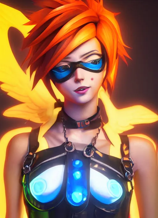 Image similar to portrait bust digital artwork of tracer overwatch, wearing iridescent rainbow latex and leather straps catsuit outfit, neon makeup, in style of mark arian, angel wings, wearing detailed leather collar, chains, black leather harness, detailed face and eyes,