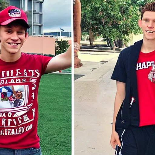 Image similar to Tom Holland wearing a Chapman University shirt with a Filipina college girl