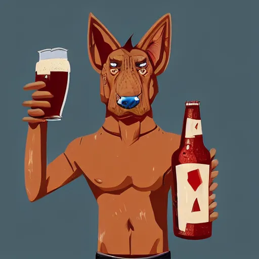 Image similar to a humanoid german shepherd beast - man in soccer style, holding a bottle of beer, artstation, concept art, smooth, sharp foccus ilustration, artstation