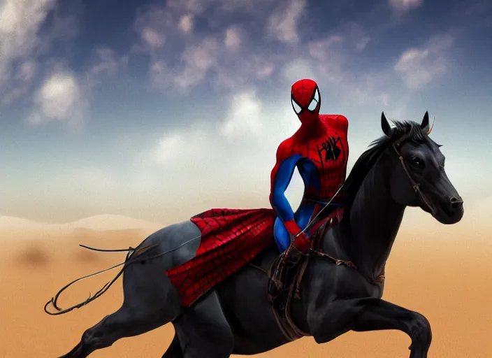 Image similar to spiderman [ riding a horse in the desert ], [ digital art ]!!, trending on cgsociety, artstation, polycount
