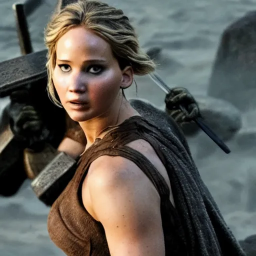 Prompt: first photos of 2 0 2 4 female 3 0 0 remake - jennifer lawrence as leonidas, put on 5 0 pounds of muscle, ripped, ( eos 5 ds r, iso 1 0 0, f / 8, 1 / 1 2 5, 8 4 mm, postprocessed, crisp face, facial features )