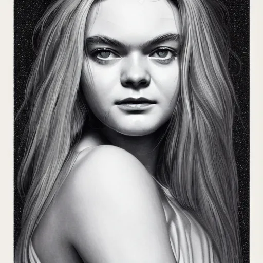 Prompt: professional painting of Elle Fanning in the style of Greg Hildebrandt, head and shoulders portrait, symmetrical facial features, smooth, sharp focus, illustration, intricate, stormy weather, extremely detailed masterpiece,