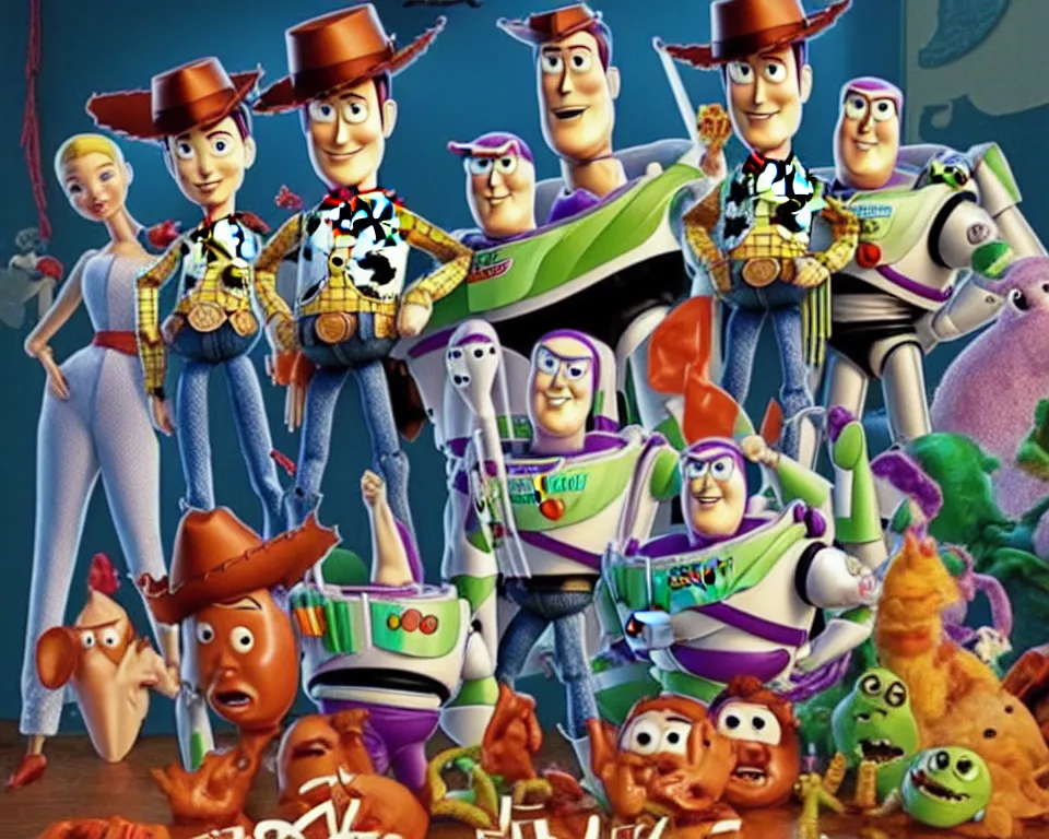 Image similar to a horror movie poster featuring toy story characters