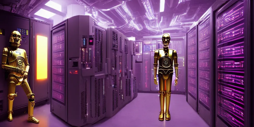 Image similar to c 3 po in big server room high details shot cyberpunk retrowave from movie