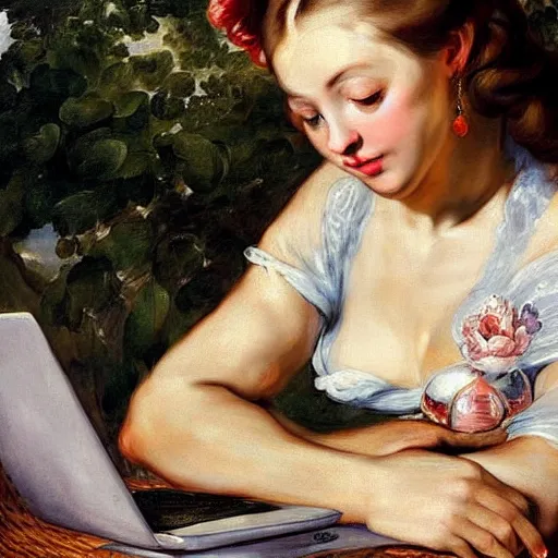 Image similar to heavenly summer sharp land sphere scallop well dressed lady looking at her laptop while drinking a starbucks coffee auslese, by peter paul rubens and eugene delacroix and karol bak, hyperrealism, digital illustration, fauvist