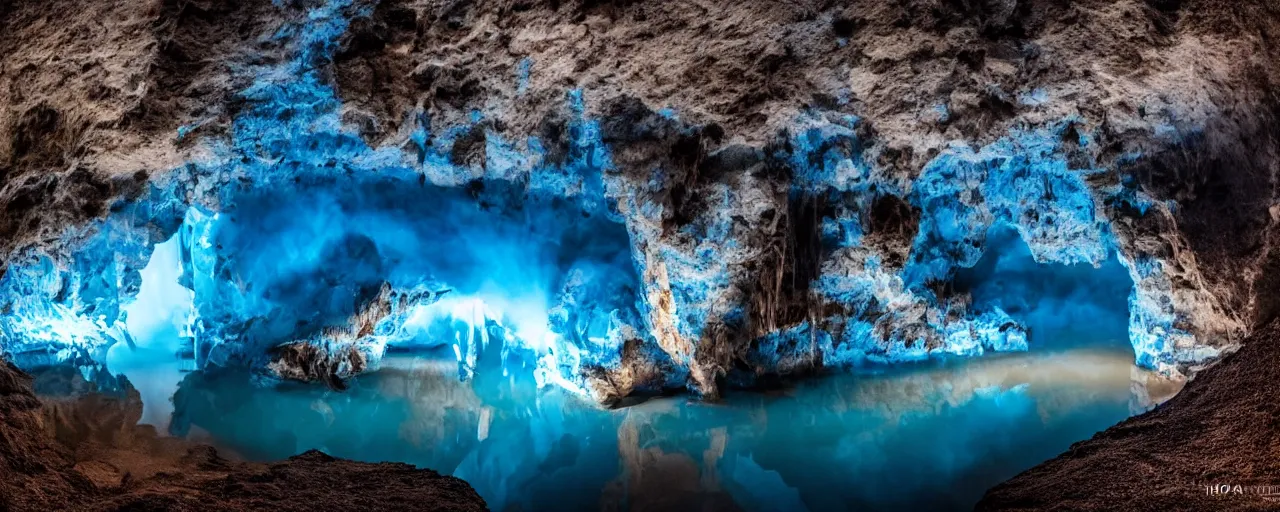 Prompt: epic photo taken inside a cave showing a blue lake at the bottom, dark light, volumetric light, penumbra, shadow effect, surrealism, beautiful, hipa award winner, sony awards winner, photography, best photography, full of details 8 k, high quality, wide view