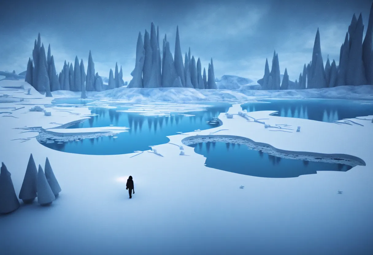 Image similar to inside of frozen lake winter landscape of human mind and imagination, matte painting, beautiful render, octane render, concept art