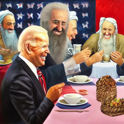 Image similar to a photorealistic oil painting of joe biden laugh in tea party with osama bin laden, justify content center, hyper realistic content, frontal hyperdetailed realistic content, sharp focus, intricate, baroque, delete duplicate content