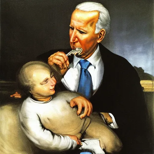 Prompt: painting of Joe Biden (Cronus) devouring Mitch McConnell (his son), by Goya