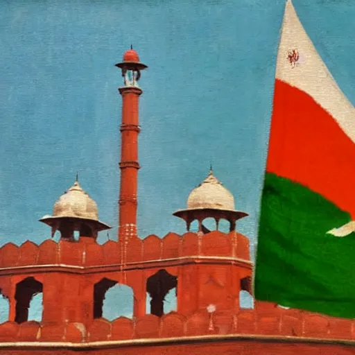 Prompt: an impressionist painting of red fort with hoisted indian flag.