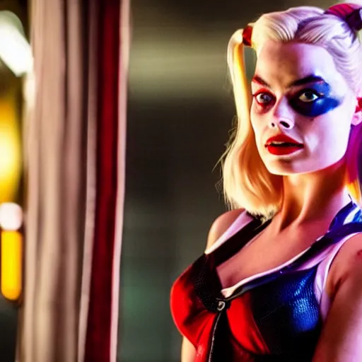 Image similar to Margot Robbie as real-life Harley Quinn, cinematic, Wide-shot, atmospheric lighting, directed by Quentin Tarantino, extreme detail, 8K, movie still