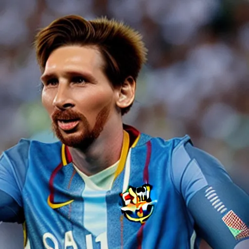 Image similar to blind messi as a blind man selling coupons