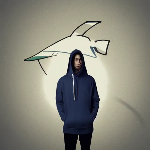 Prompt: guy in zipped hoodie with a tiny ship for his head coming out from the hood