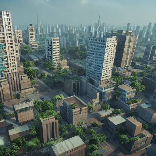 Image similar to urban dhaka city architecture, satellite imagery, 3 d mapping, birds lower eye view, photo realism, unreal engine 5, high quality, ray tracing, epic lighting