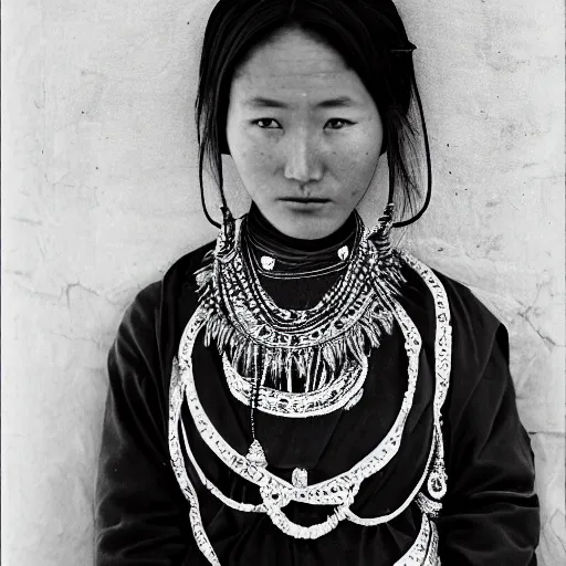 Image similar to a Sebastião Salgado's photograph of portrait a tibetan young woman wearing a traditional dress looking at the camera, high quality, award wining, 4k