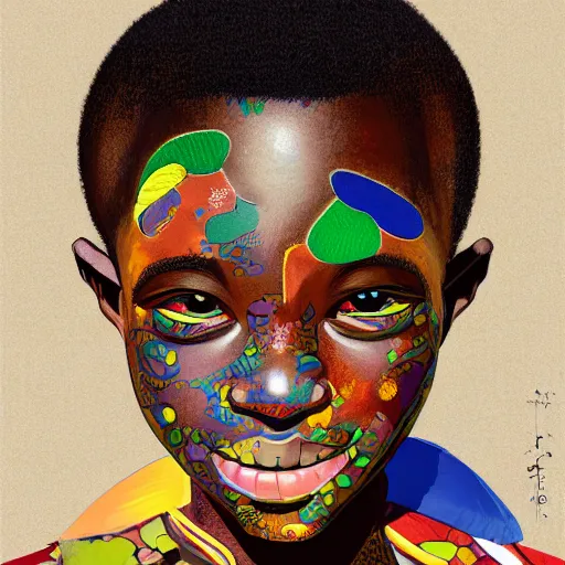 Prompt: colourful upper half portrait of an african boy, art by takashi murakami, highly detailed, digital painting, ray tracing, concept art, illustration, smooth sharp focus, intricate, symmetry, artstation,