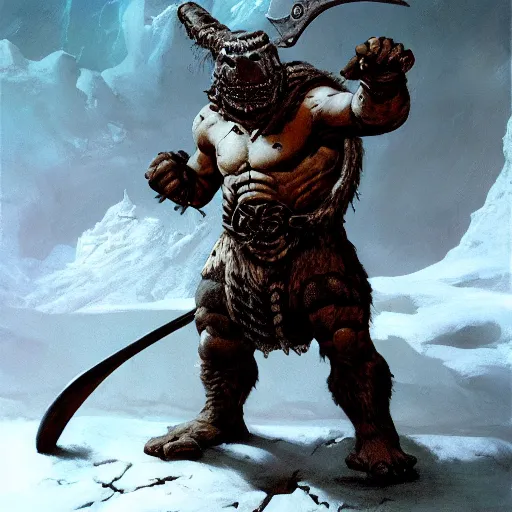 Image similar to anthropomorphic turtle barbarian humanoid by frank frazetta, carapace, blizzard, winter, night, furs, fantasy