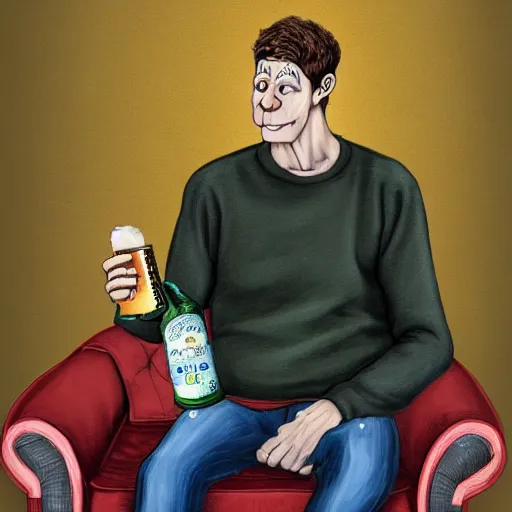 Prompt: A very sad Jon Arbuckle in real life sitting in his living room at home while holding a beer and being depressed, extremely depressed while watching TV, very nostalgic, very melancholic, dramatic angle, rotoscoped, rotoscope, photoshop, photomanipulation, realism, painting, illustration and sketch, weird scribbles, hybrid styles, hybrid art styles, mismatched, trending on artstation, trending on deviantart, weird, quirky, interesting, very detailed, highly detailed, HD Quality, 4k resolution, 8k resolution, in the style of David Firth, in the style of James Lee, in the style of Drue Langlois,