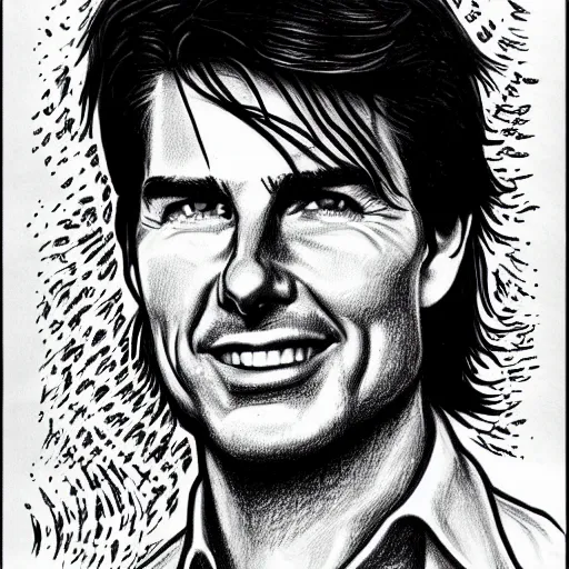 Image similar to a portrait drawing of Tom Cruise drawn by Robert Crumb