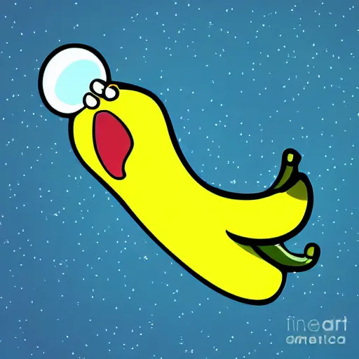 Image similar to Cartoon art of a hungry banana eyes and mouth eating a pickle on remote planet, digital art, realistic,