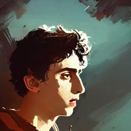 Image similar to timothee chalamet, timothee chalamet, concept art by jama jurabaev and ismail inceoglu and sparth, cel shaded, cinematic shot, trending on artstation, high quality, brush stroke