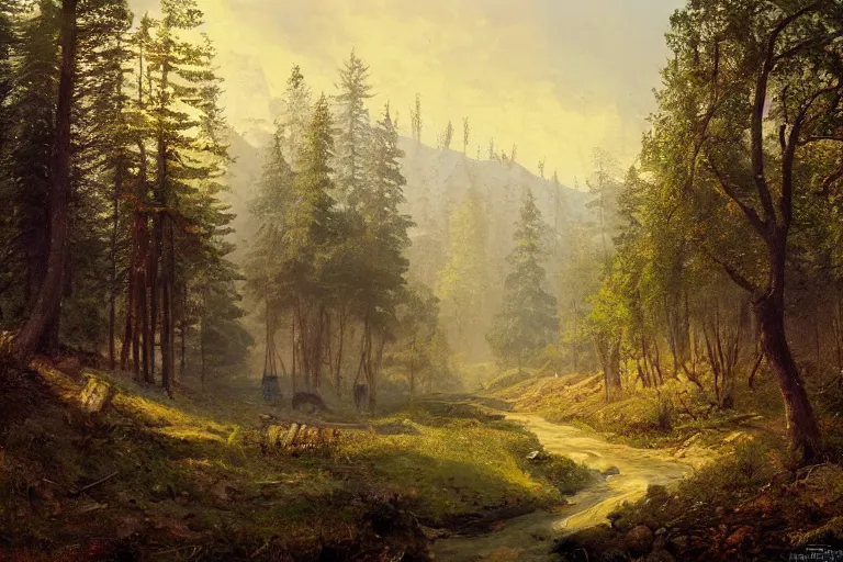 Image similar to A beautiful painting of russian village in dark forest by ivan shishkin and arkhip kuindji, trending on artstation,matte painting