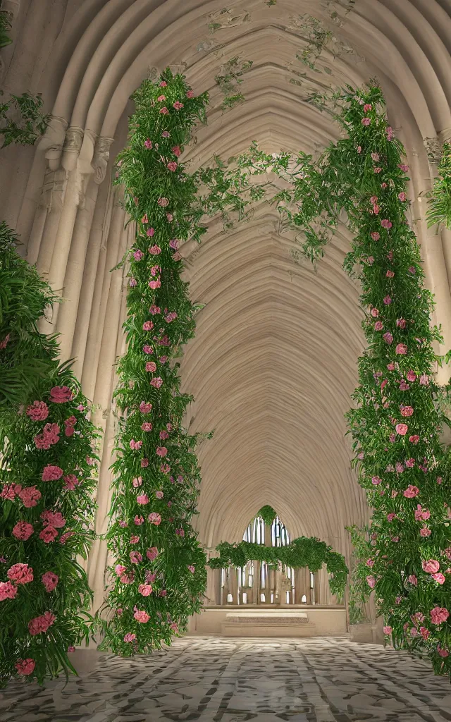 Image similar to beautiful grand cathedral interior with!! koi pond!! in the! middle! surrounded by palm trees, ivy,!! flowers!!, ( tropical plants ),!! roses!!, and with archways, rendered in octane render with photorealistic volumetric cinematic lighting, wide angle, horizontal symmetry, symmetrical! 8 k