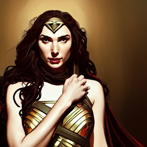 Prompt: Gal Gadot as Lady Macbeth, ambient lighting, 4k, alphonse mucha, lois van baarle, ilya kuvshinov, rossdraws, artstation