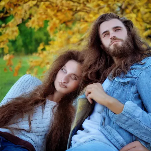 Prompt: long shot pastel of young man with long brown hair and woman with long light brown hair, laying under a tree looking at clouds autumn, ( ( ( wearing jeans ) ) )