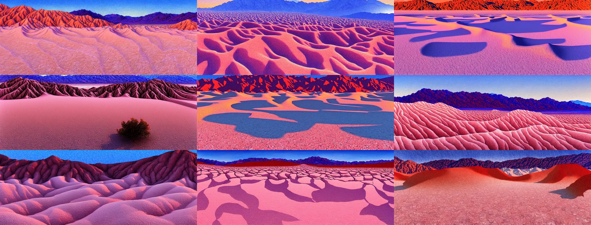 Prompt: a gorgeous desert painting of death valley by moebius. tree no leaf!!!! china mountain village!! blue and very little light verdancy. the protruding pink clumps of rock. ultra clear detailed. 3 d, octane render. turbulent blood lake.