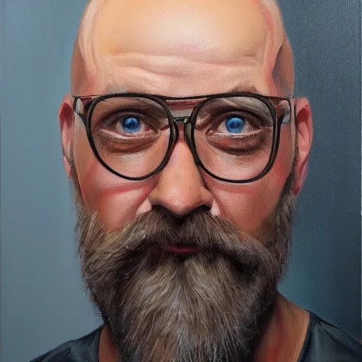 Image similar to oil painting, portrait of a bald bearded man, highly detailed, trending on artstation