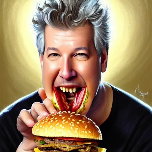 Image similar to portrait of a Marc Summers eating a hamburger, extra onions and ketchup, luscious patty with sesame seeds, masculine, handsome, D&D, fantasy, intricate, elegant, highly detailed, digital painting, artstation, concept art, matte, sharp focus, illustration, art by Artgerm and Greg Rutkowski and Alphonse Mucha