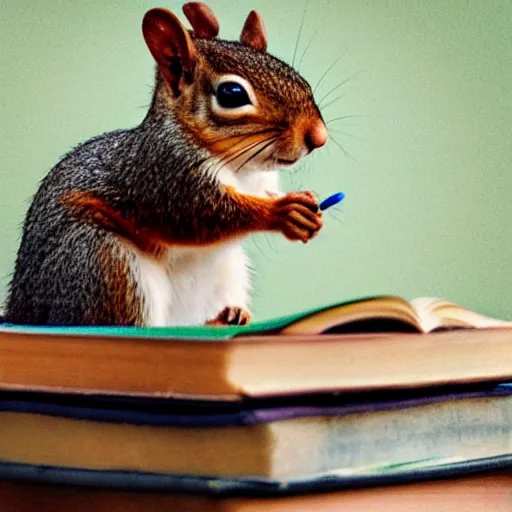 Prompt: photo - realistic picture of a squirrel holding a pen on top of a stack of books