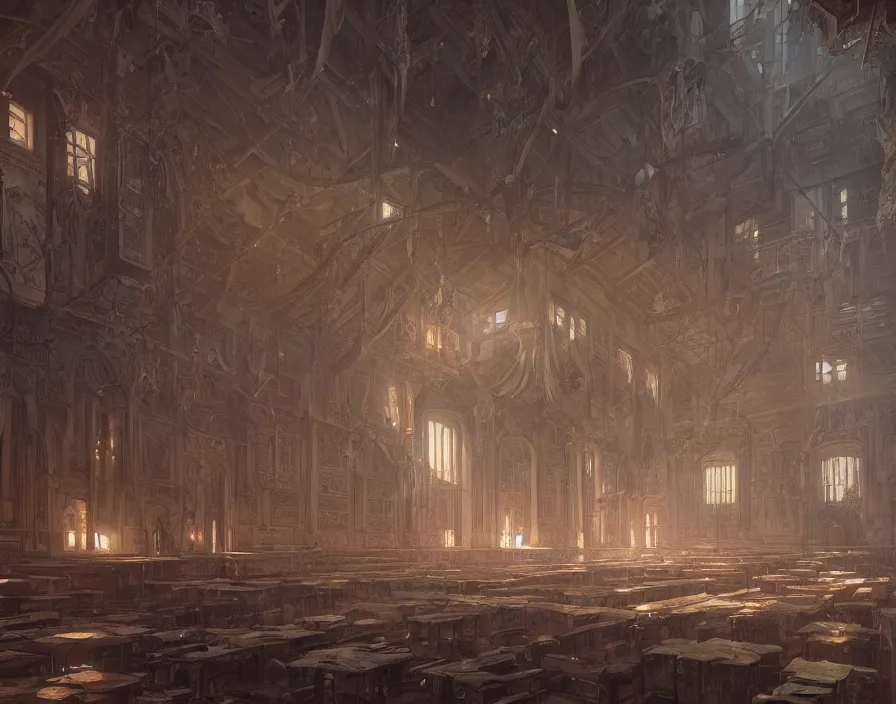 Image similar to a hyper detailed background of a school hall, by dorian cleavenger, greg rutkowski, wlop, astri lohne, zdzisław beksinski trending on artstation