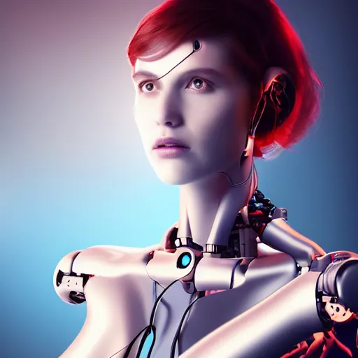 Image similar to Masterpiece full body portrait of a beautiful female cyborg with a beautiful face and flawless skin, half of her body is robotic, in a surreal dream landscape, eerie fog, cinematic lighting, 8k