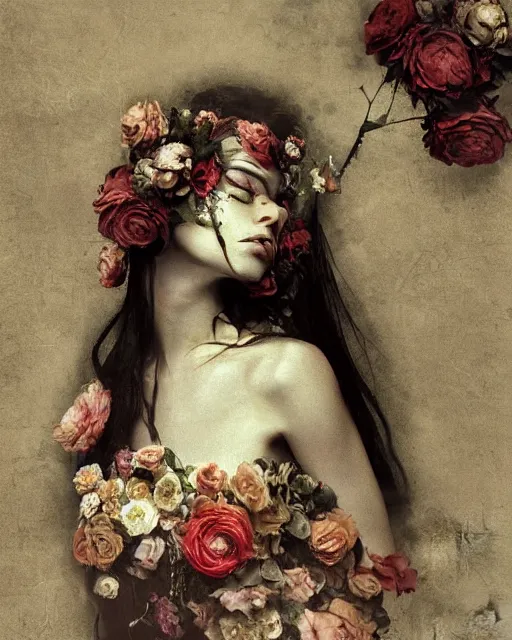 Prompt: a beautiful and eerie baroque painting of a beautiful but serious woman in layers of fear, with haunted eyes and dark hair piled on her head, 1 9 7 0 s, seventies, floral wallpaper, wilted flowers, a little blood, morning light showing injuries, delicate embellishments, painterly, offset printing technique, by walter popp